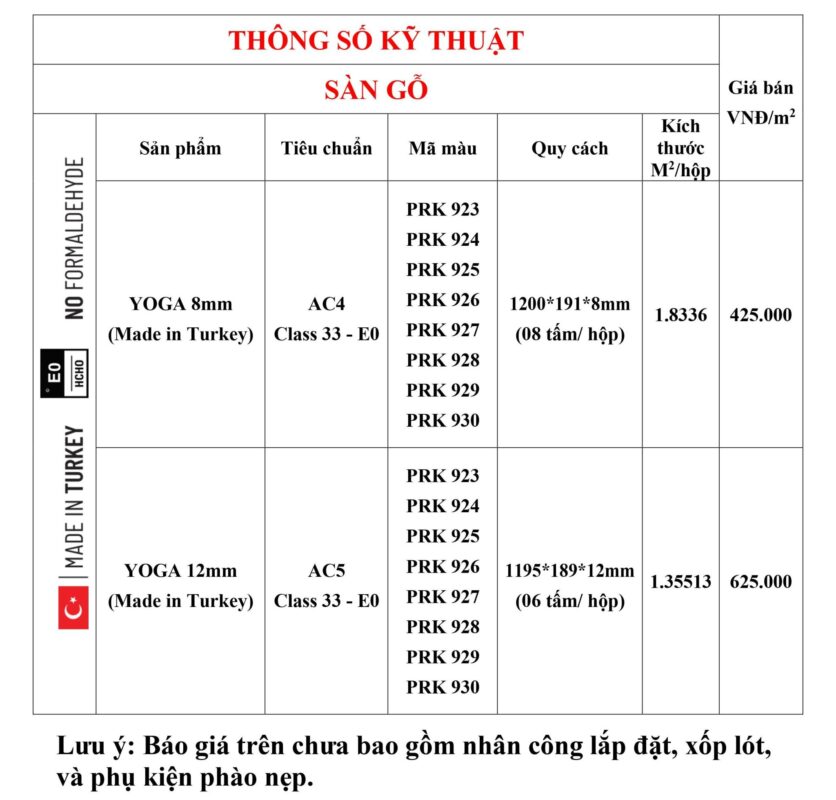 Bảng Báo Giá Sàn Gỗ YOGA 2025